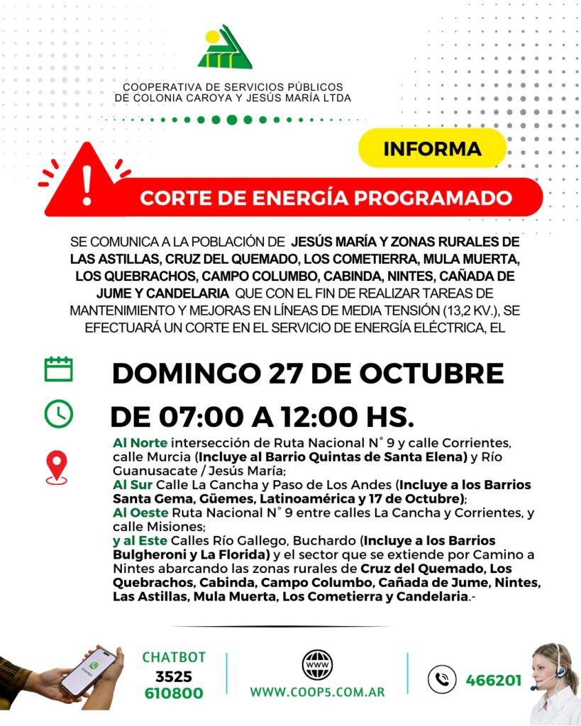 DOMINGO 27 DE OCTUBRE: CORTE PROGRAMADO EN JESÚS MARÍA Y ZONA RURAL