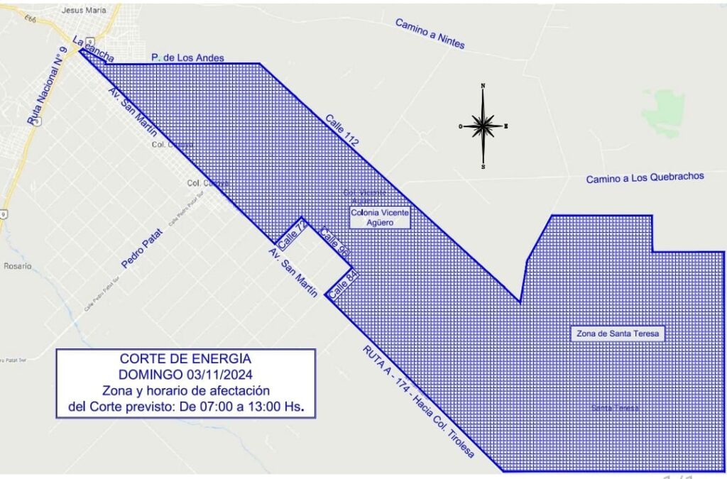 DOMINGO 3 DE NOVIEMBRE: CORTE DE ENERGIA EN COLONIA CAROYA Y COLONIA VICENTE AGÜERO