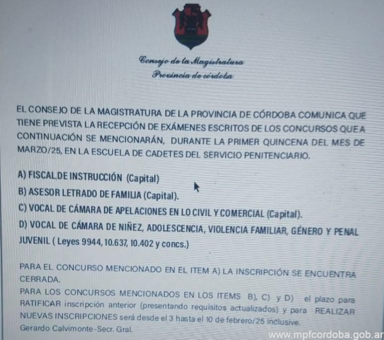 El Consejo de la Magistratura de la Provincia de Córdoba informó sobre el próximo concurso